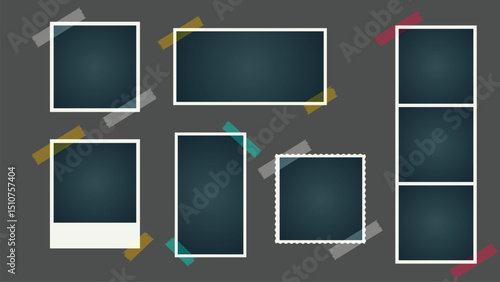 Polaroid photo frames collection.Illustration set.Empty black photo with white border frame mockups with sticky tape