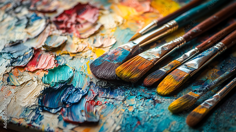 Obraz premium Artistic Palette with Paintbrushes and Mixed Colors