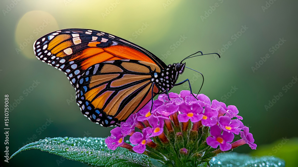 Fototapeta premium Close up monarch butterfly perched on vibrant purple flower in natural garden habitat for wildlife photography and pollinator conservation campaigns