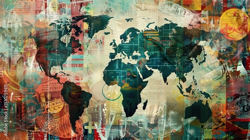 A colorful abstract representation of a world map. Various textures and patterns overlay the continents, creating a vibrant and dynamic visual effect.