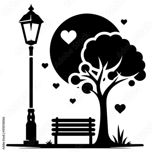 Illustrated elegance of trees, benches, and soft romantic ambiance