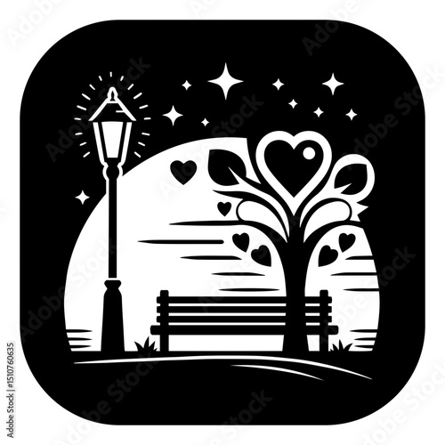 Minimalist romance illustrated through trees, benches, and streetlights