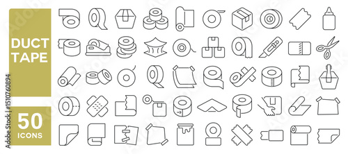 Set of 50 line icons related to duct tape, adhesive, sticker, glue, rolled up, sticky, tape, Editable stroke. Vector illustration