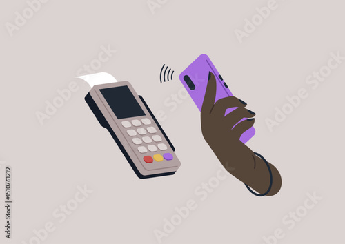 A hand holding a smartphone effortlessly connects with a mobile payment terminal, streamlining transactions in bustling retail settings, showcasing modern payment solutions