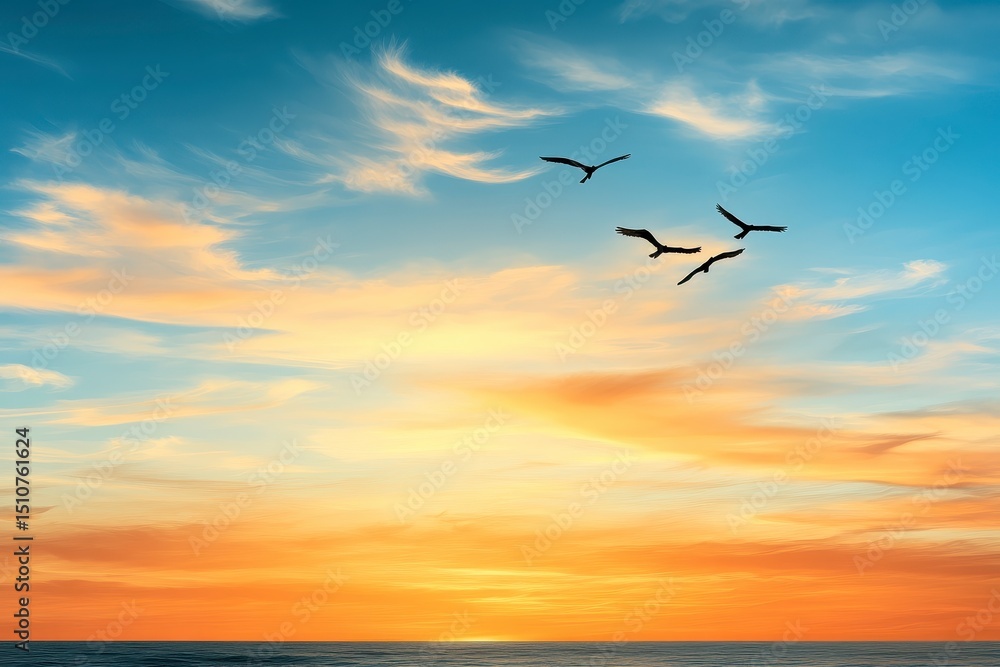 Fototapeta premium Tranquil Sunset Seascape with Birds in Flight