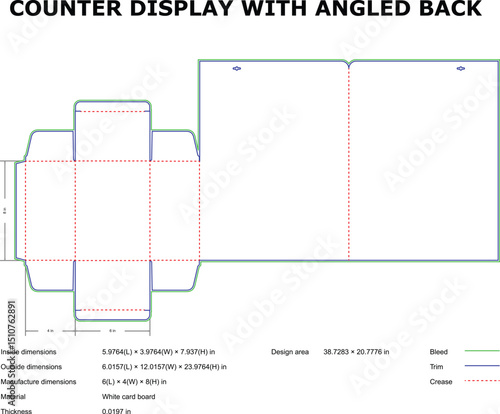 Counter display template with angled back showing the dimensions and design specifications for print.
