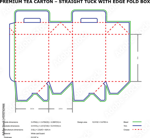 Tea carton template straight tuck with edge fold box design layout technical drawing