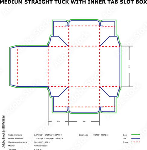 Detailed vector template for a medium straight tuck box design with precise dimensions