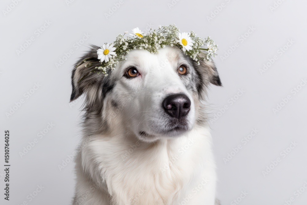 Obraz premium Border collie with flower crown posing against plain backdrop