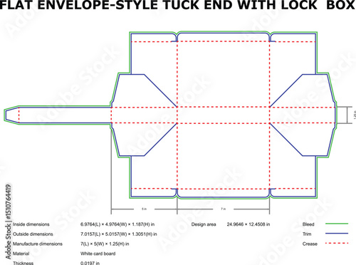 Flat envelope-style tuck end lock box die cut template for packaging design