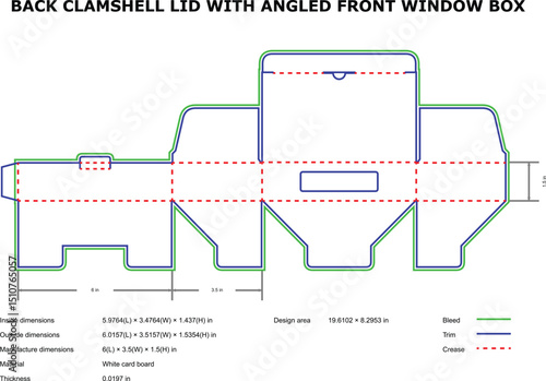 Detailed clamshell lid design template with angled front window box for packaging
