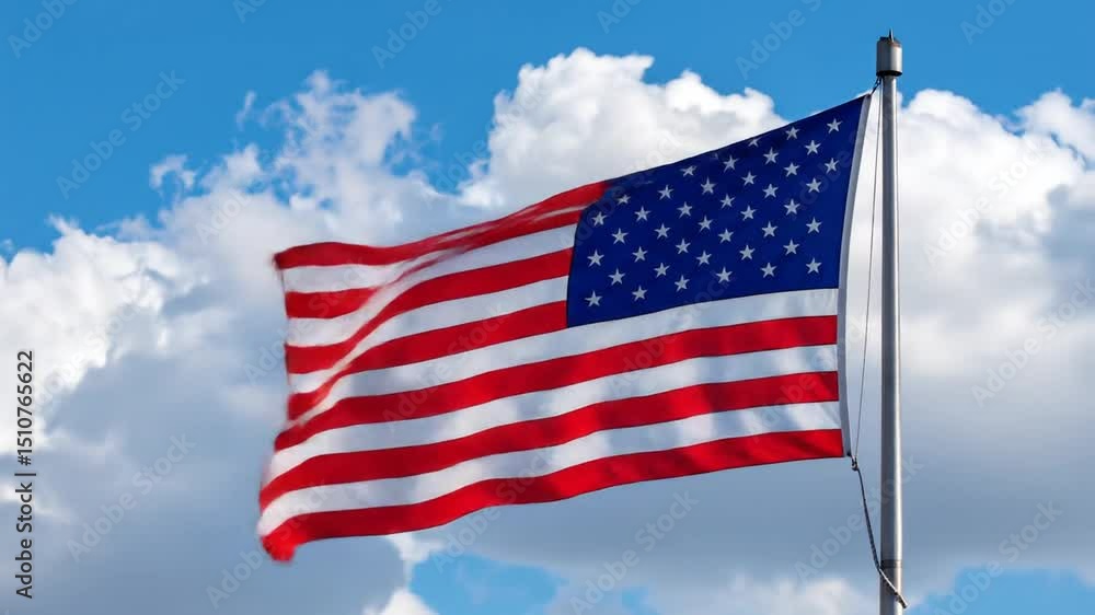 American Flag Waving in the Wind Against Blue Sky and Clouds Patriotism Symbol American Flag Waving in the Wind Against Blue Sky and Clouds Patriotism Symbol
