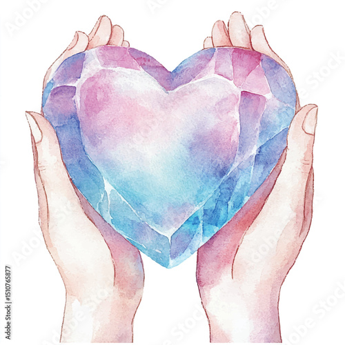 Hands Holding a Crystal Heart Watercolor Illustration of Self-Love and Healing