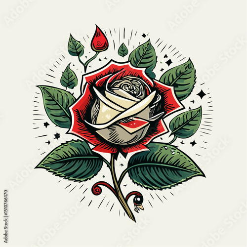 Traditional Red Rose Tattoo Vector – Old School Style