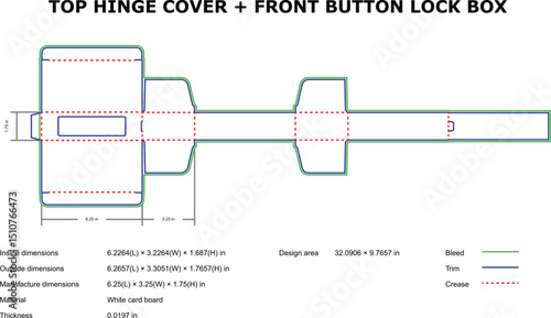 Vector template of a top hinge cover and front button lock box design for packaging