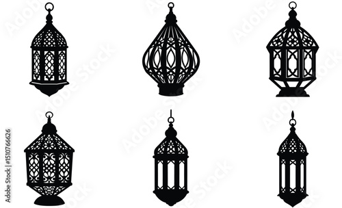 Moroccan Lantern-Style Table Lamp Silhouette Vector – Ornate Geometric Metalwork, Ambient Interior Lighting, Exotic Bohemian Decor & Arabesque Design