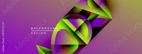 Abstract geometric shapes overlap, creating vibrant gradients. Purple background complements green, yellow hues. Modern design element.