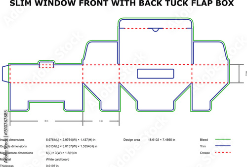 Packaging design template of a slim window front with back tuck flap box with measurements