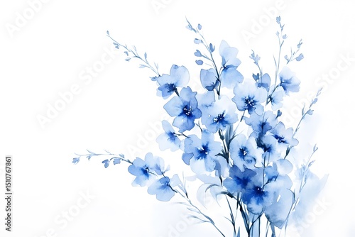 Fototapeta Naklejka Na Ścianę i Meble -  Watercolor blue flowers clipart, watercolor blue wild flower bouquet, simple design, white background, small and delicate,
