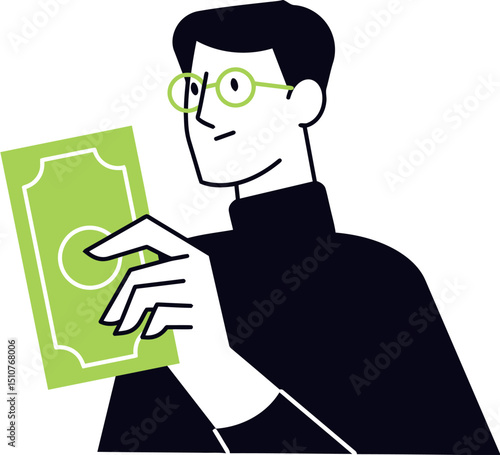 Illustration of man holding money cash investment finance wealth financial success earning income salary vector art illustration
