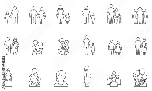collection of family and relationship icons in minimal outline representing various family structures, parenting, children, and diverse social relationships