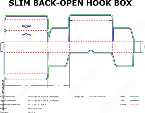 Illustrated flat template diagram of a slim back-open hook box packaging design