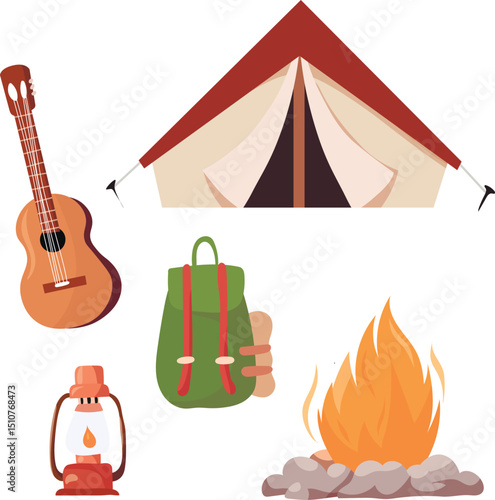 Camping and Hiking Simple Set. Hand Drawn Tent, Campfire, Guitar, Lamp, Backpack. Perfect for scrapbooking, craft projects, posters, tags, stickers kit.