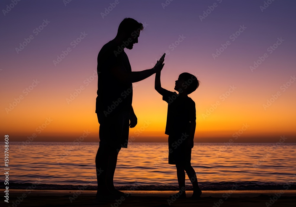 Fototapeta premium Father and son silhouette high five on beach at sunset showing love and connection