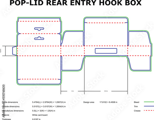 Pop-lid rear entry hook box packaging blueprint design with detailed dimensions