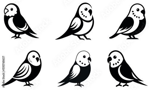 Cute Black and White Budgie Bird Silhouettes