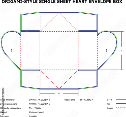 Detailed diagram of a heart shaped origami envelope box with manufacturing measurements and details