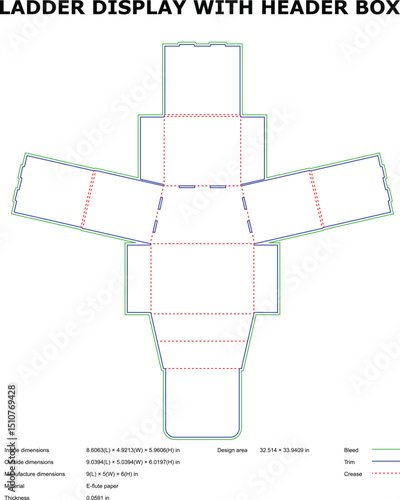 Detailed packaging design template of a ladder display with header box for manufacturing