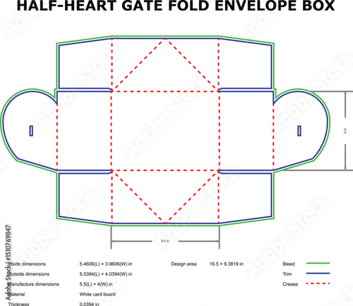 Half Heart Gate Fold Envelope Box Template Design Vector