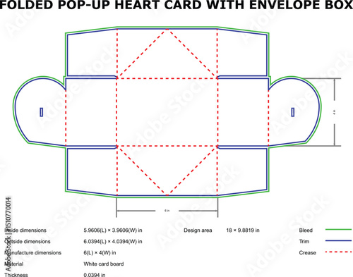 Detailed schematic diagram of a foldable pop up heart shaped card and envelope design