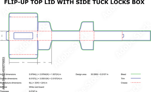 Detailed blueprint of a flip up top lid packaging box with side tuck locks