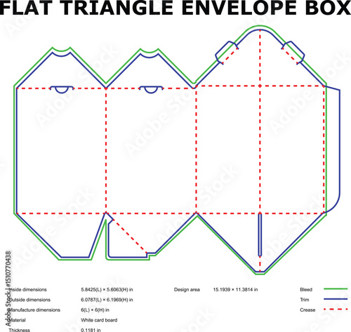 Flat triangle envelope box template outline with dimensions and white cardboard material