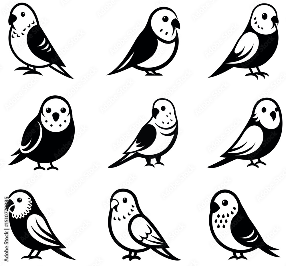 Fototapeta premium Budgerigar Parakeet Silhouette Icon Set