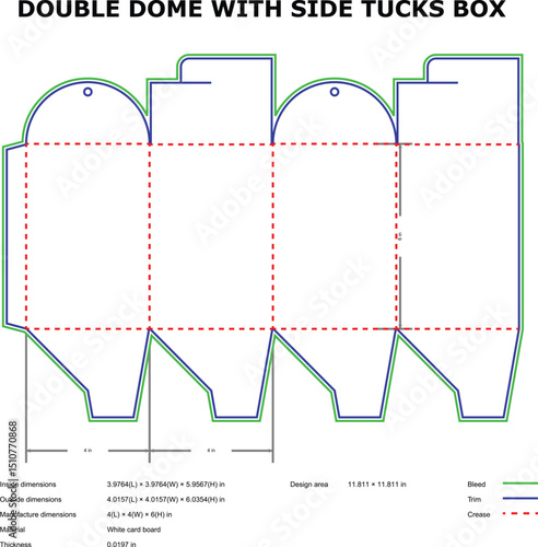 Double dome box template cutout design with side tuck construction for packaging projects