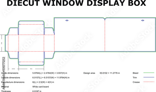 Diecut window display box packaging template layout design with detailed dimensions