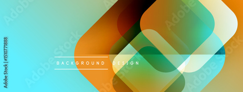 Abstract geometric shapes overlap, creating vibrant color transitions. Turquoise background complements orange, green hues. Modern design element.