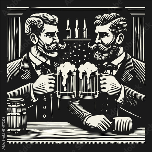 Black and white flat vector illustration of two gentlemen drinking beer at a tavern bar counter. Retro silhouette style, perfect for pub signs, labels, posters, and beer-related designs.