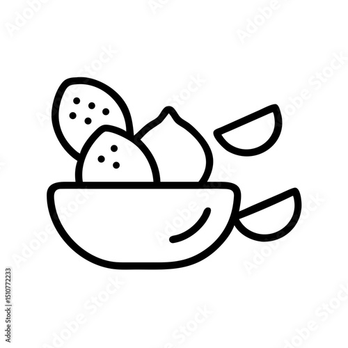 Line art of bowl with assorted nuts and lemon slices  