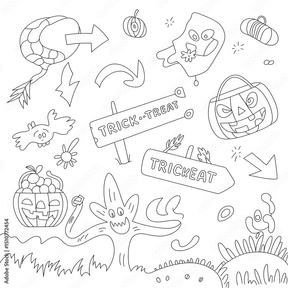 Obraz premium Hand drawn halloween themed elements perfect for a fun and engaging coloring page activity.