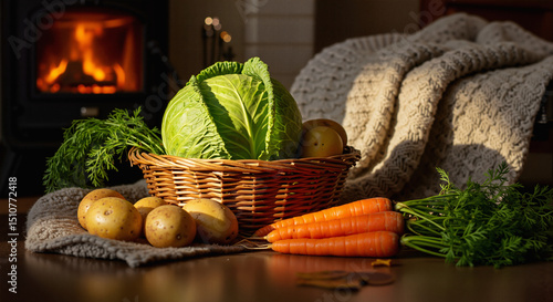 Harvest basket with vegetables by fireplace great for blogs, autumn illustrations, seasonal awareness or healthy lifestyle visuals