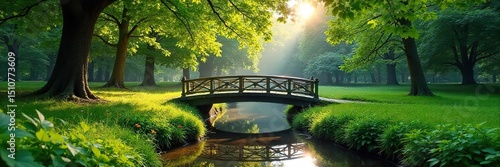 A lush green park with a charming footbridge crossing a tranquil stream, sunlight dappling through leaves Perfect for nature, tranquility, and environmental themes , bridge, stream, beautiful
