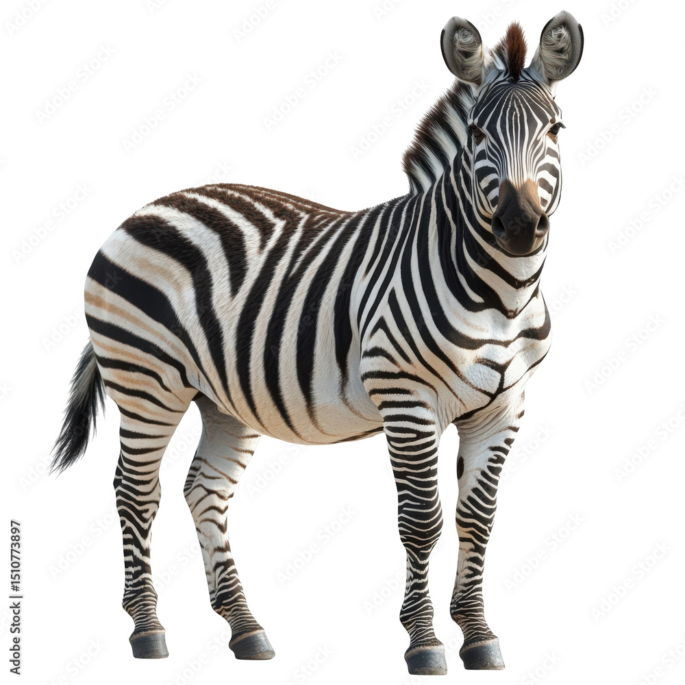 Fototapeta premium Striking zebra portrait isolated against a contrasting black background showcase