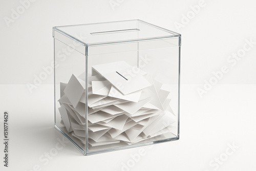 Transparent Ballot Box Filled With Voting Papers.
Minimalist photograph of a clear ballot box filled with white voting papers, symbolizing transparency and trust in the democratic process.
