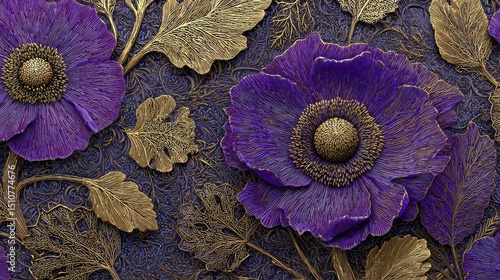 Floral embossed artwork with purple flowers and golden leaves for wallpaper, invitation, and greeting card designs.