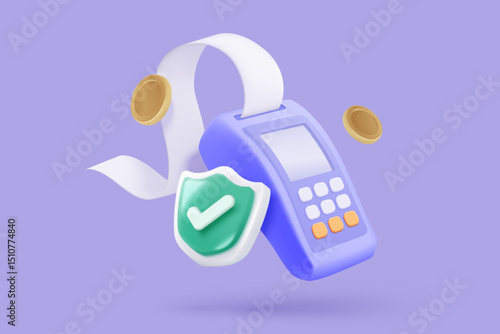 3D bill payment with credit card and financial for online shopping, payment credit card with alert notification. Invoice transaction with credit card reader. 3d receipt vector icon render illustration