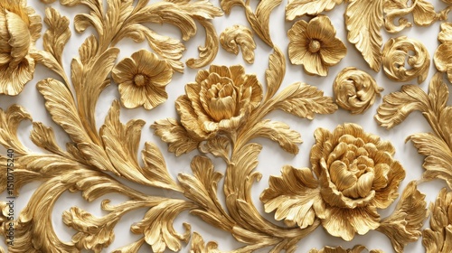 Golden floral ornament with leaves and flowers for luxury designs, wallpapers, backgrounds, and decorative elements.